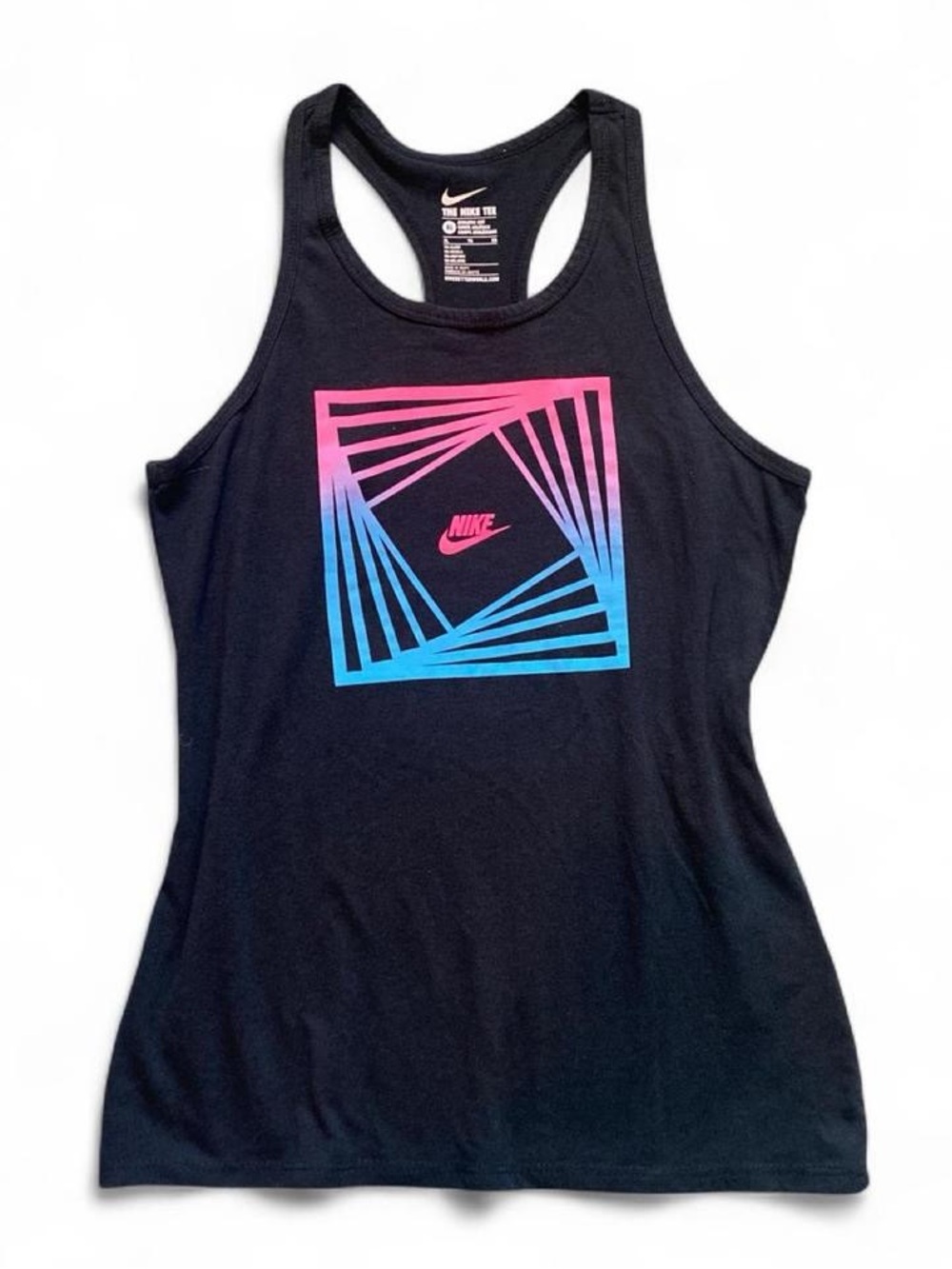 Nike Black Racerback Tank with Pink-to-Blue Geometric Logo